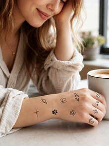 10 Peças Tatuagens, Tatuagem de Dedo, Tatuagem de Palma, Adesivo de Tatuagem de Pescoço, Y2k, Punk, Tatuagem Semipermanente, Tatuagem Falsa, Tatuagem de Mão, Tatuagens Temporárias, Adesivos de Tatuagem, Tatuagem à Prova d'Água de Longa Duração, Tatuagens para Mulheres, Tatuagem nas Costas, Tatuagem no Braço, Tatuagens nas Pernas - Multicolorido - Visão 3