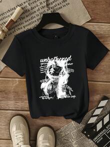 American Retro Portrait & Letter Print Slim Fit Crew Neck T-Shirt For Women, Short Sleeve, Black Casual - Black - View 7