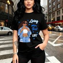 Camiseta de mujer con estampado "Living my Best LIFE" y chica con gafas de sol y chaqueta vaquera - camiseta corta de manga corta con ajuste cómodo y moderno, estilo urbano vibrante para la ciudad - ideal para paseos por el centro, salidas con amigas - Negro - Ver 10