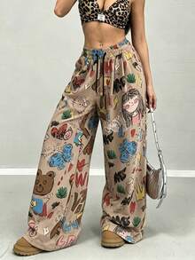 Pantalon large à imprimé de dessin animé pour femmes, pantalon long décontracté à coupe ample, effet amincissant, convient pour le printemps et l'été - Taupe - Voir 4