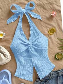 Women's Casual Summer Top With Solid Color Braided Texture - Celeste 2 - View 3