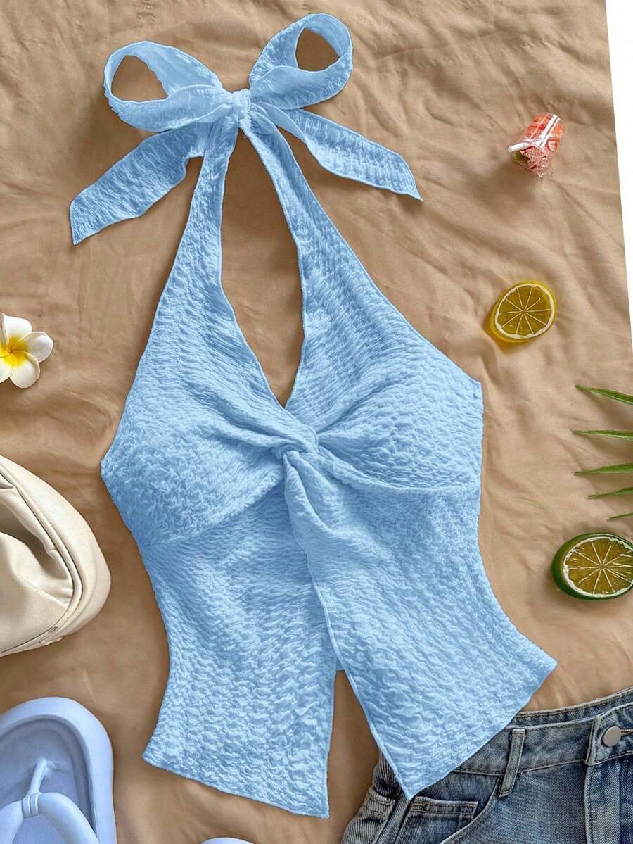 Women's Casual Summer Top With Solid Color Braided Texture - Celeste 2 - View 1
