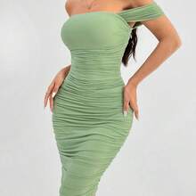 WNS  PETITE Vestido verde de hombros descubiertos para vacaciones de primavera, ropa barata de verano, vestido de verano, vestido de primavera, vestido pastel, vestido de playa para mujer, vestido largo de playa, vestido de verano - Verde - Ver 7