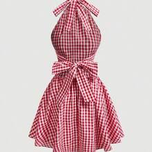 WNS  MOD Vestido mini con tirantes cruzados y fruncidos en estampado de cuadros rojos y blancos para mujer - Rojo y blanco - Ver 8
