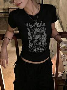 Women's Short-Sleeved T-Shirt With Gathered Waist Design. Perfect For Summer Outings, Travel, And Everyday Casual Wear. - Black - View 1