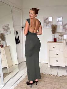 2026Vestido elegante para mujer, vestido básico de manga corta,, sin espalda, ajustado, informal, Vintage, gótico, ropa de calle, vestido largo - Negro1 - Ver 2