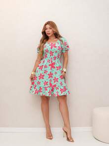 RAINBOW Women's Short Princess Floral Dress With Puff Sleeves And Elasticated Fabric - Elegant Fashion - One Size Fits 36-42 (Brazilian Sizes) - Crepe Fabric - 88-VERDE/PINK - 查看 4