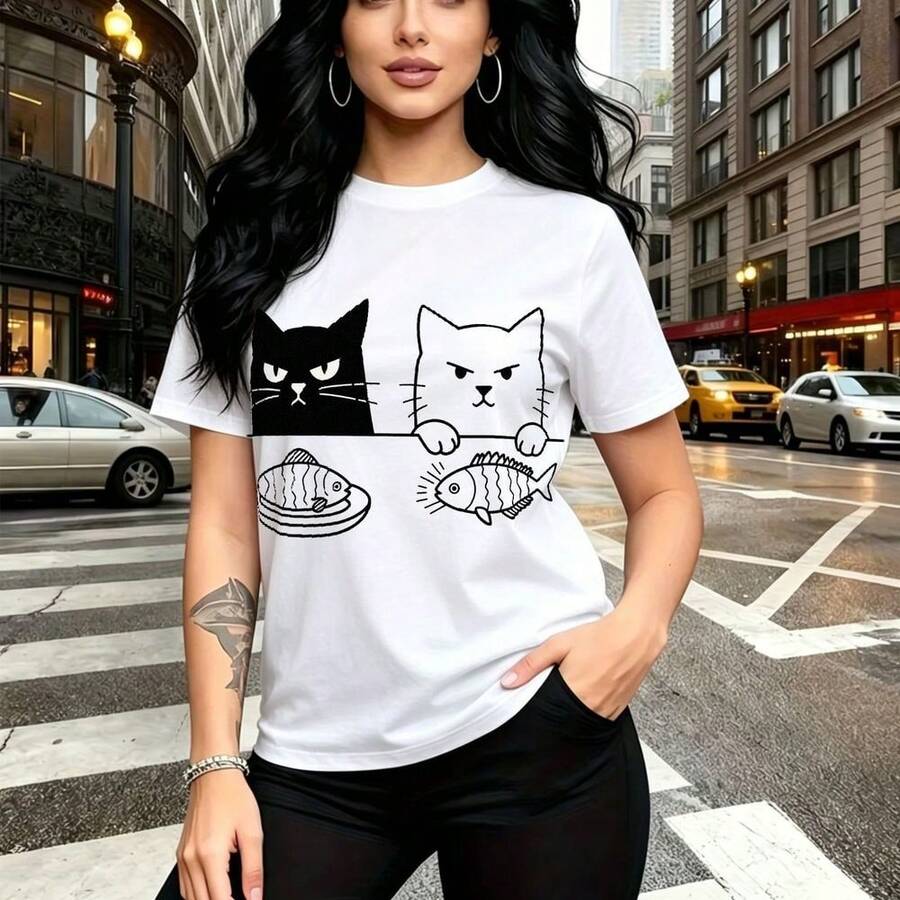 Camiseta de mujer con estampado de dos gatos negros, diseño moderno y urbano - camiseta casual de manga corta con ajuste cómodo y estilo fresco, ideal para pasear por la ciudad o días lluviosos - regalo perfecto para mamá, esposa, novia, hermana mayo - Blanco - Ver 1