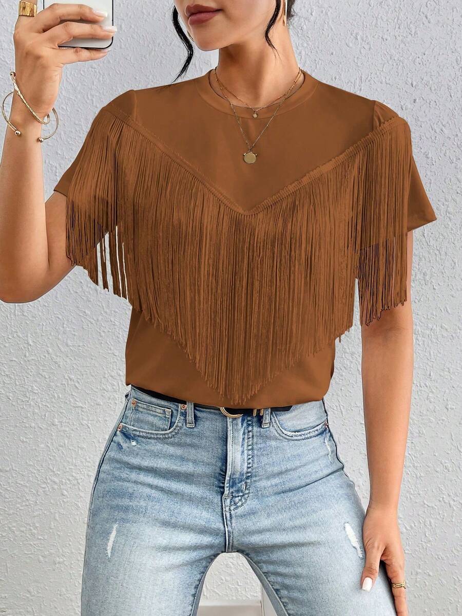 Camiseta de manga corta casual con cuello redondo liso y borlas - Marrón - Ver 1