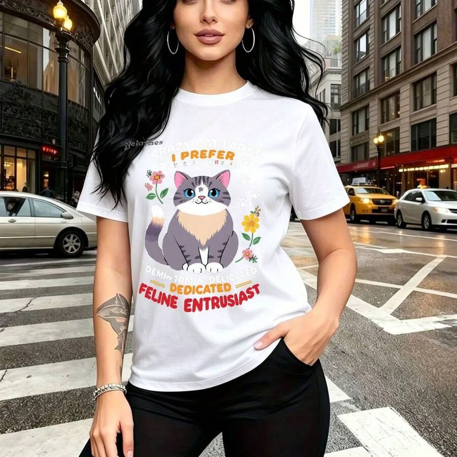 Camiseta de mujer con estampado de chica fanática de gatos calicó con flores y huellas - diseño divertido que dice "? I Rather Be Pretended" - camiseta casual de cuello redondo, ajuste cómodo y elegante, estilo urbano y alternativo - id - Blanco - Ver 1