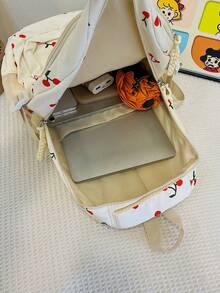 3pcs/Set White Nylon Casual Fresh Strawberry, Bow, Cherry Print Jacquard Drawstring Zipper Large Capacity Foldable Multi-Pocket Backpack Set, Suitable For Women Daily Matching, College Students, Training, School, Shopping, Travel - White - View 8
