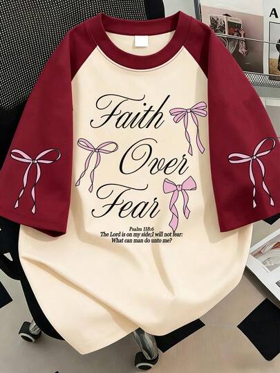 Oversize Damen Y2K Casual Modische Streetwear Tägliche Pendler Schleife Slogan Muster Kontrast Farbe Kurzarm T-Shirt, geeignet für Sommerurlaub, Strand, Muttertag, Valentinstag, Alltag, Hochzeit, Strand, Fitness, Abschluss, Party, Stilvoll