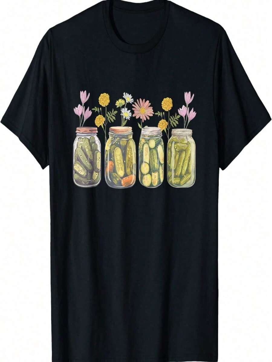 Vintage T-Shirt With Wildflower Preserves In A Jar Design - 黑色 - 查看 1