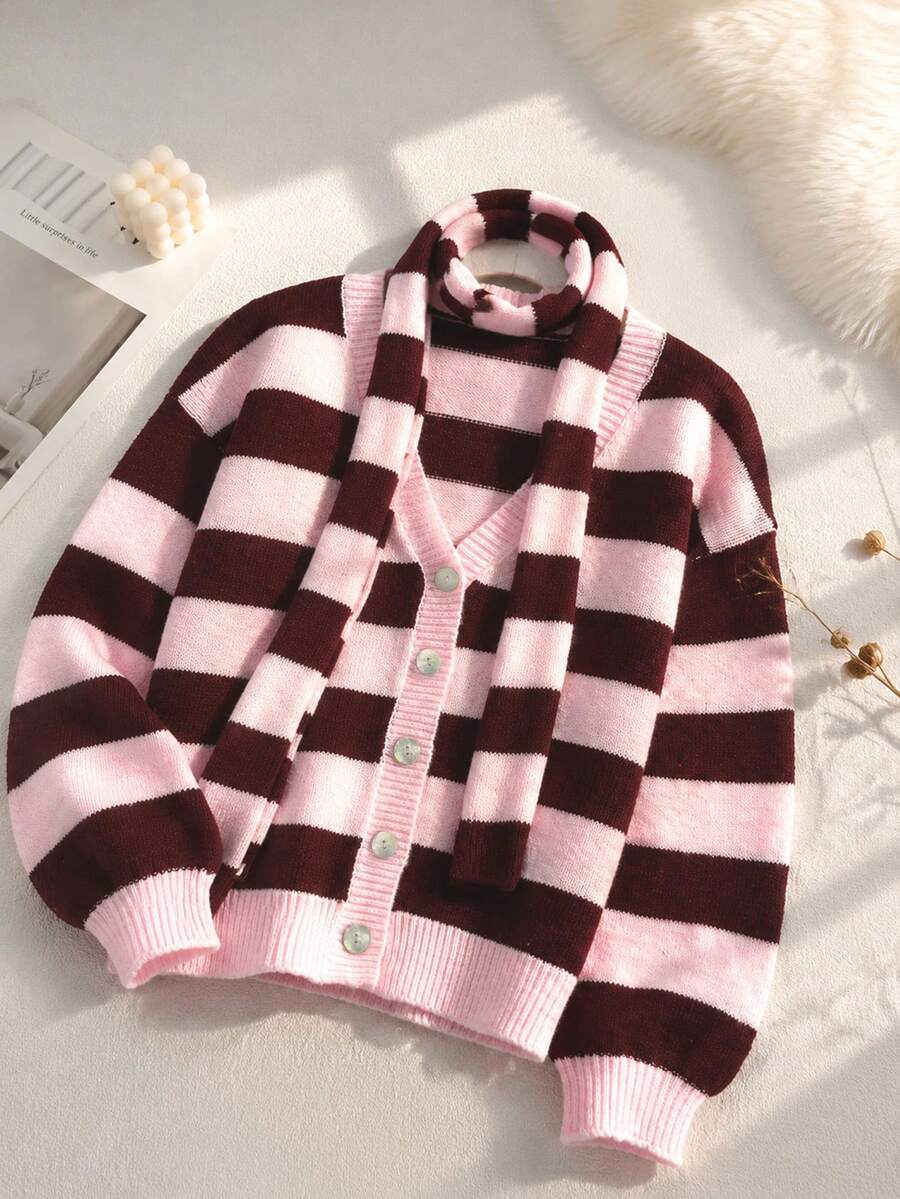 Pink & Brown Striped V-Neck Knit Cardigan, Loose Casual Sweater Jacket For Women, Autumn/Spring, With Matching Scarf 2 Pieces Set Fall - Multicolor - View 1