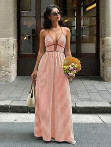 Vestido Cuello Halter Espalda Descubierta Rayas Disponible en Múltiples Colores - Naranja Quemada - Ver 8