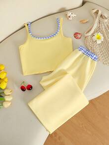 Girls Summer Sweet Style Textured Patchwork Camisole + Soft Knit Long Pants 2pcs Set, Suitable For Ins Style Daily Outing, Home, Casual, Vacation, Back To School - Yellow - View 4