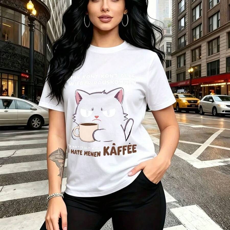 Camiseta de mujer con estampado de gato negro con ojos blancos sosteniendo taza de café y texto en alemán "IHR KÖNT KONT ALLE WIEDER RAUSKOMMEN" - camiseta casual de manga corta, ajuste cómodo y estilo urbano con toque humorístico e irónico sobre el - Blanco - Ver 1