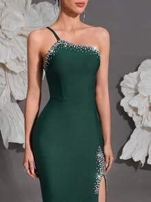Knitted Bandage Dress, Women's One Shoulder Handmade Beaded Sexy Bodycon Slit Elegant Dress For Home Party, Holiday, Banquet Wedding - Dark Green - View 6