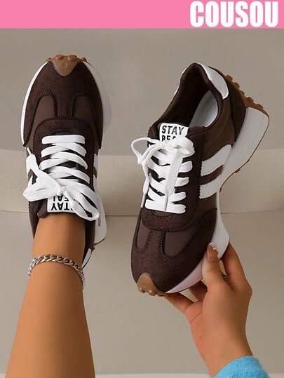 2026 New Women Thick Sole Sneakers, Lace-Up Casual Chunky Sneakers, Flat Platform, Breathable Patchwork, Spring/Summer, Height Increasing