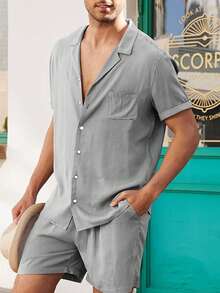 Conjunto de dos piezas para hombre: camisa de lino de manga corta, corbata y botones.Ropa de playa veraniega, holgada e informal, confeccionada en tejido de mezcla de algodón, ligera, transpirable, fresca y suave al tacto, perfecta para la playa y otros destinos vacacionales; un regalo ideal para tu novio o marido. - Gris - Ver 2