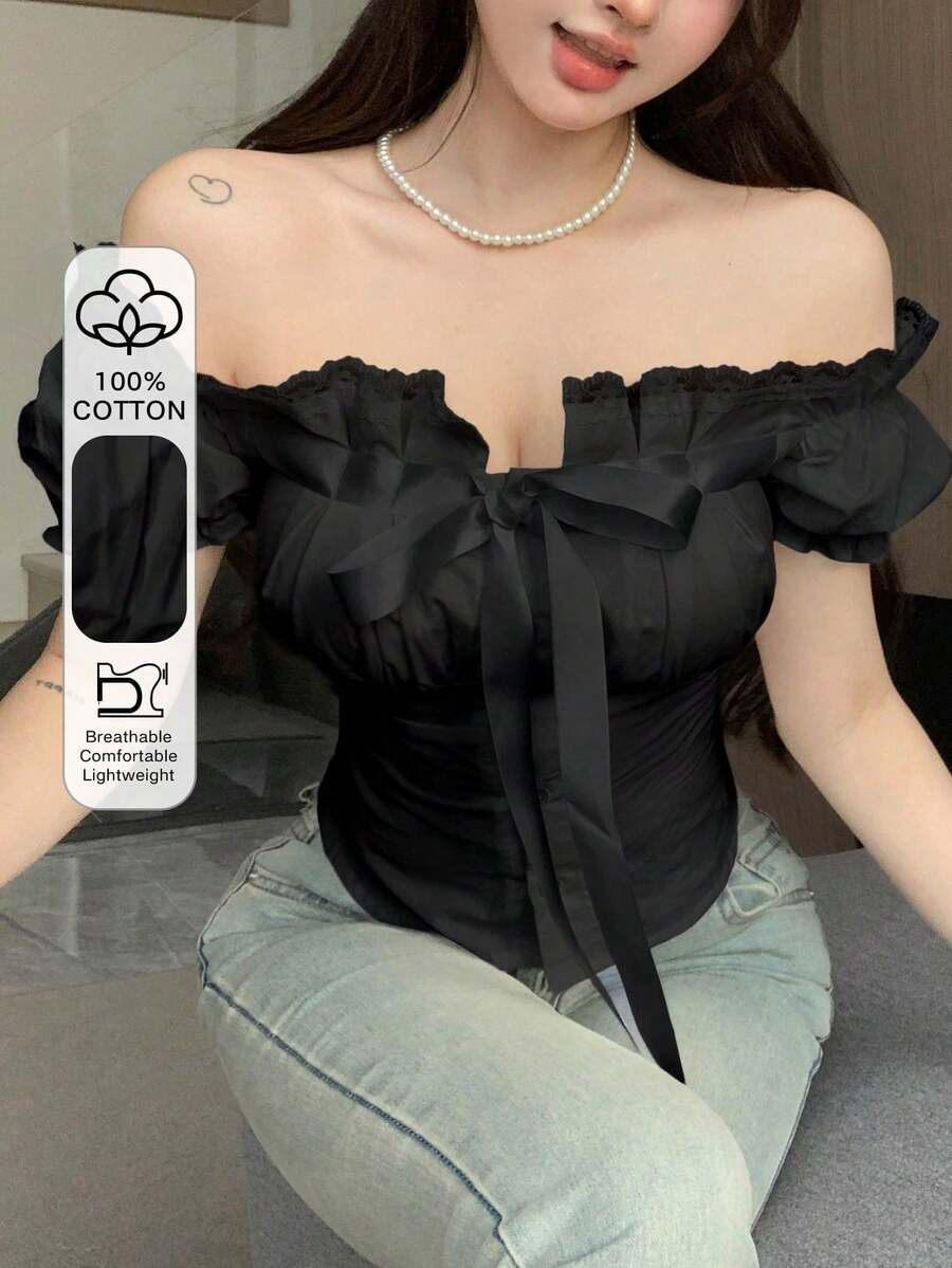 Blusa de mujer de manga corta con hombros descubiertos, unicolor, con decoración de lazo, para verano - Negro - Ver 1