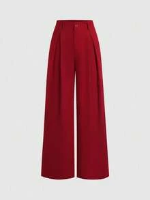 Pantalones anchos plisados de jacquard elegante vintage para mujer, otoño/invierno - Rojo - Ver 1