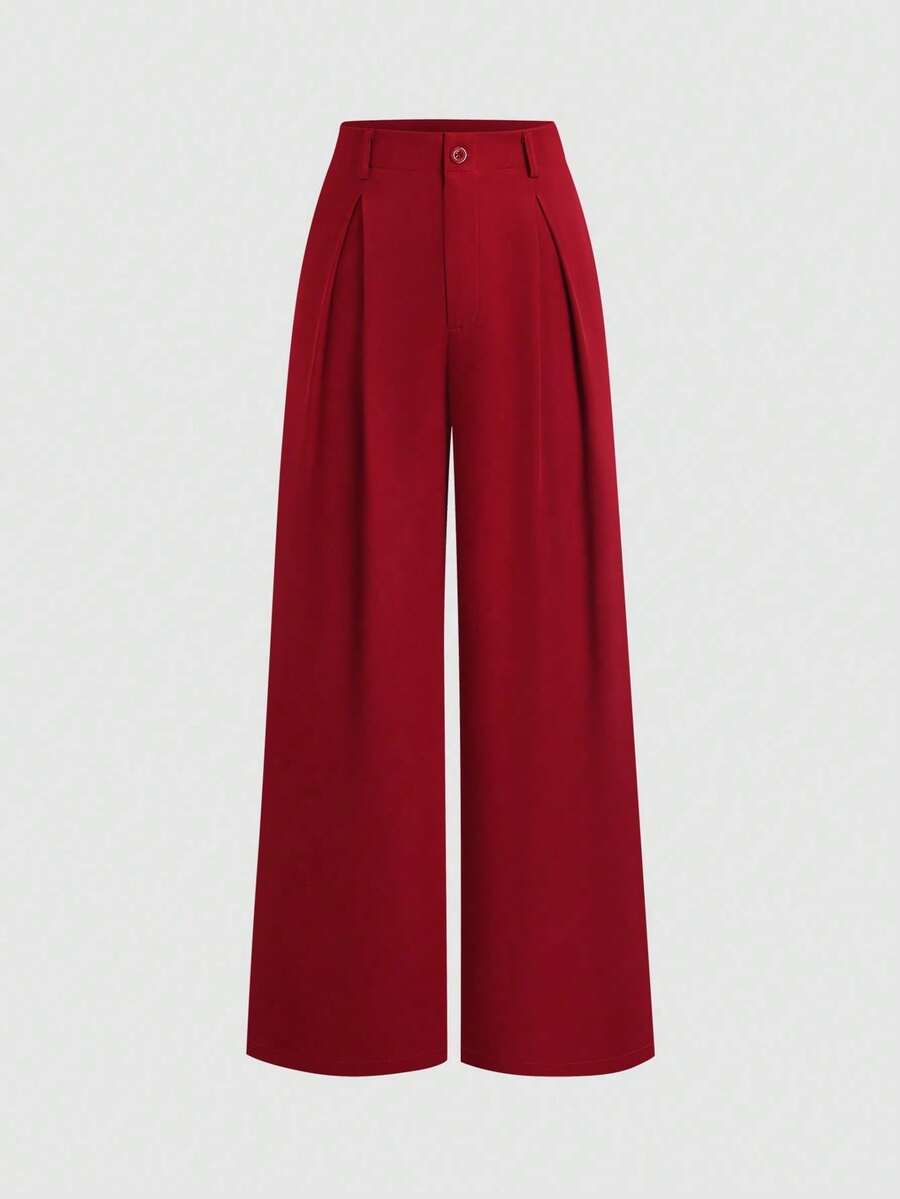 Pantalones anchos plisados de jacquard elegante vintage para mujer, otoño/invierno - Rojo - Ver 1