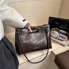 Bolso de cuero genuino para mujer, elegante bolso de mano y de hombro para oficina, citas y fiestas. Versátil bolso tote vintage de cuero encerado de color sólido para mujer, bolso de hombro casual, único y de alta calidad. - Negro - Ver 1