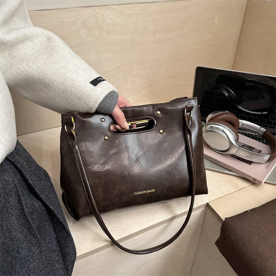 Bolso de cuero genuino para mujer, elegante bolso de mano y de hombro para oficina, citas y fiestas. Versátil bolso tote vintage de cuero encerado de color sólido para mujer, bolso de hombro casual, único y de alta calidad. - Negro - Ver 1