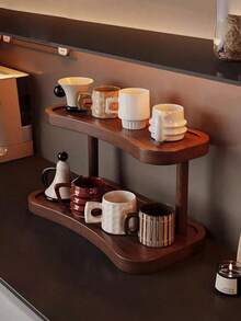 1 Vintage Solid Wood Desktop Organizer – Premium, Multifunctional 2-Tier Shelf; Suitable For Tea Cups, Water Glasses, And Coffee Mugs; Ideal For Kitchen Storage, Seasoning Racks, Cosmetics Organization, And Home Decor/Display. - Multicolor - View 1