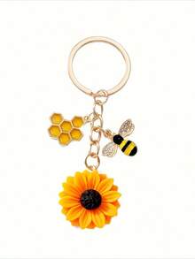 1pc New Multifunctional Fashion Alloy Oil Drop Sunflower Honeycomb Keychain Teacher's Day Gift - Yellow - View 5