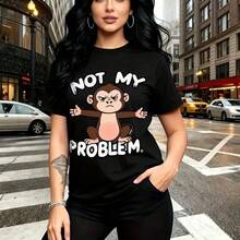Camiseta de mujer con estampado de mono enojado y texto "NOT MY PROBLEM" - diseño gráfico urbano con manga corta, ajuste cómodo y moderno, estilo callejero ideal para el Día de la Madre, cumpleaños o regalo especial para mamá, esposa, novia, hermana - Negro - Ver 7