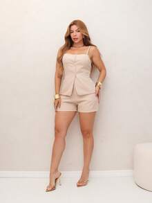 RAINBOW Set With Vest And Shorts Blouse With Button And Elasticated Waist Shorts With Zipper And Button Sizes M/L/XL 36-42 Tailored Plain Luistwill Casual Elegant Women's - 沙 - 查看 6