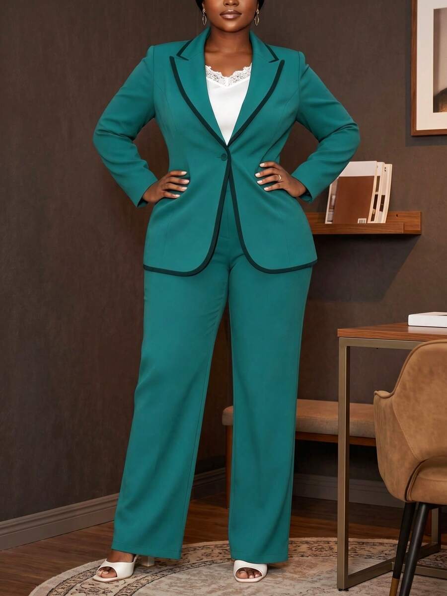 Women's Elegant Commuting, Dating, Party Collared Contrast Trim Pocket Decor Suit Set, Solid Color Contrast Trim, Suitable For Evening Date, Holiday, Birthday Party, Formal Dinner, Singles Party, Tea Party In Autumn/Winter, Spring - Green - View 1