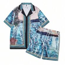 Conjunto casual holgado para hombre con estampado digital abstracto (Olas del océano) - Azul - Ver 4