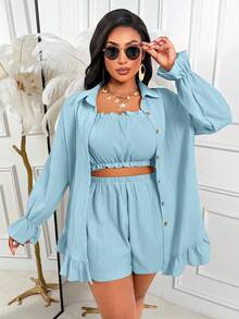 AIJ Set Kasual Wanita Ukuran Besar, Termasuk Blus Berkerah Kancing Depan dan Berhiaskan Rumbai di Bagian Bawah, Elegan untuk Musim Panas - Biru - View 4