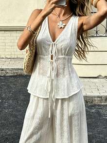 Conjunto de dos piezas de verano elegante y suave para mujer, pantalones de pierna ancha casual, conjunto de dos piezas minimalista holgado para vacaciones y uso diario en color blanco - Blanco - Ver 7