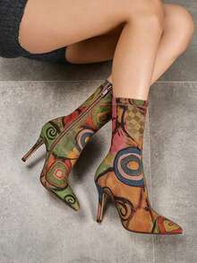 All Over Print Summer Ankle Boots For Women - Pointed Toe Stiletto Heels Shoes For Women Elastic Side Zip, Spring Fashion Unique Stretch Fabric With Print-Elegant Sexy Style For Commuting High Heels Boot Sandals, Summer Boots,Wedding Valentine's Day, Music Festival Party & Sexy Night Shoes Random (Each Pair May Vary For Surprise) - Bất thường-B - Xem 3