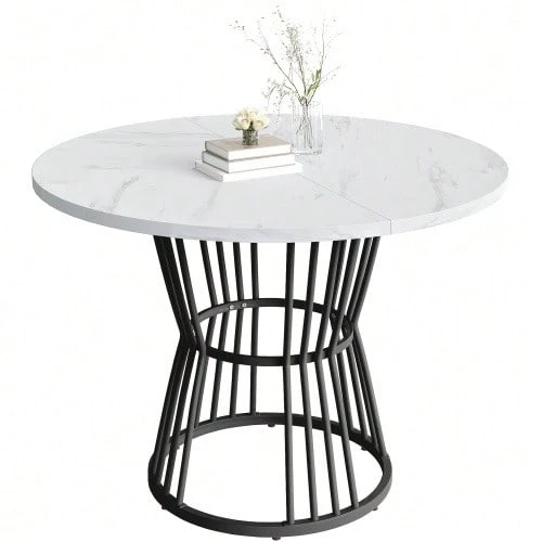 White Kitchen Table With Metal Base (1 Piece), Sturdy Metal Frame, Modern Marble Look - Or Dining Table, Breakfast Table - And Restaurant Table, White/Gold - Black - View 1