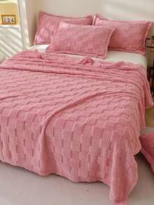 1pc Bread Grid Hem Soft Skin-Friendly Bed Blanket, Suitable For Living Room And Bedroom - Coral Pink - View 6