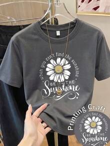 Women's Short-Sleeved Printed T-Shirt, Spring Clothing, Holiday Outfit, Black For Summer, Beach Look, Vacation Style, Country Style, Women's Office Outfit. - 深灰色 - 查看 6