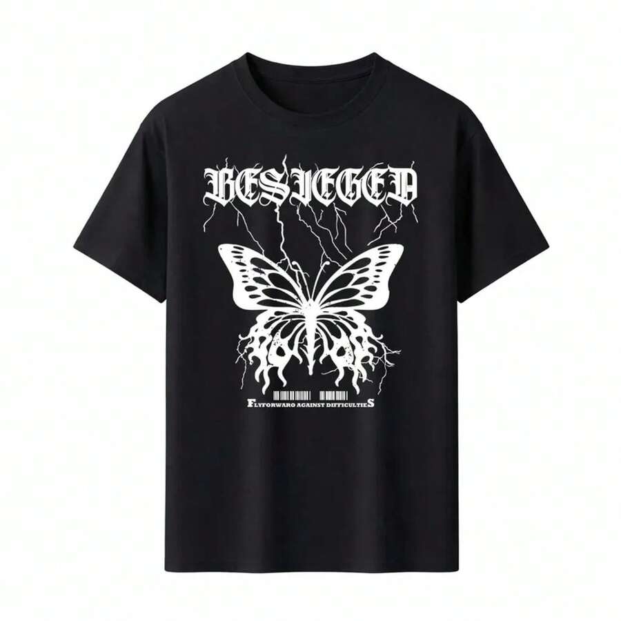 Camiseta Besieged Butterfly para Hombre y Mujer, Estampado Gótico, Alas de Rayo, Estilo Punk Rock, Camiseta Negra de Moda - Negro - Ver 1