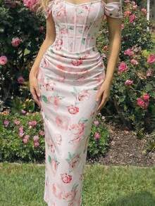 Women's Off-The-Shoulder Fitted Dress With Ruching And Floral Print - 鵝黃色 - 查看 2