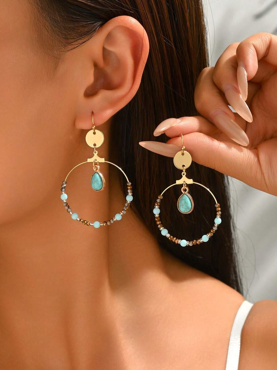 1 Pair Women's Vintage Turquoise-Look Crystal Beaded Round Dangle Earrings, Suitable For Daily Wear (Bead Color Random) - Blue Turquoise Pendant - E1345 - View 1
