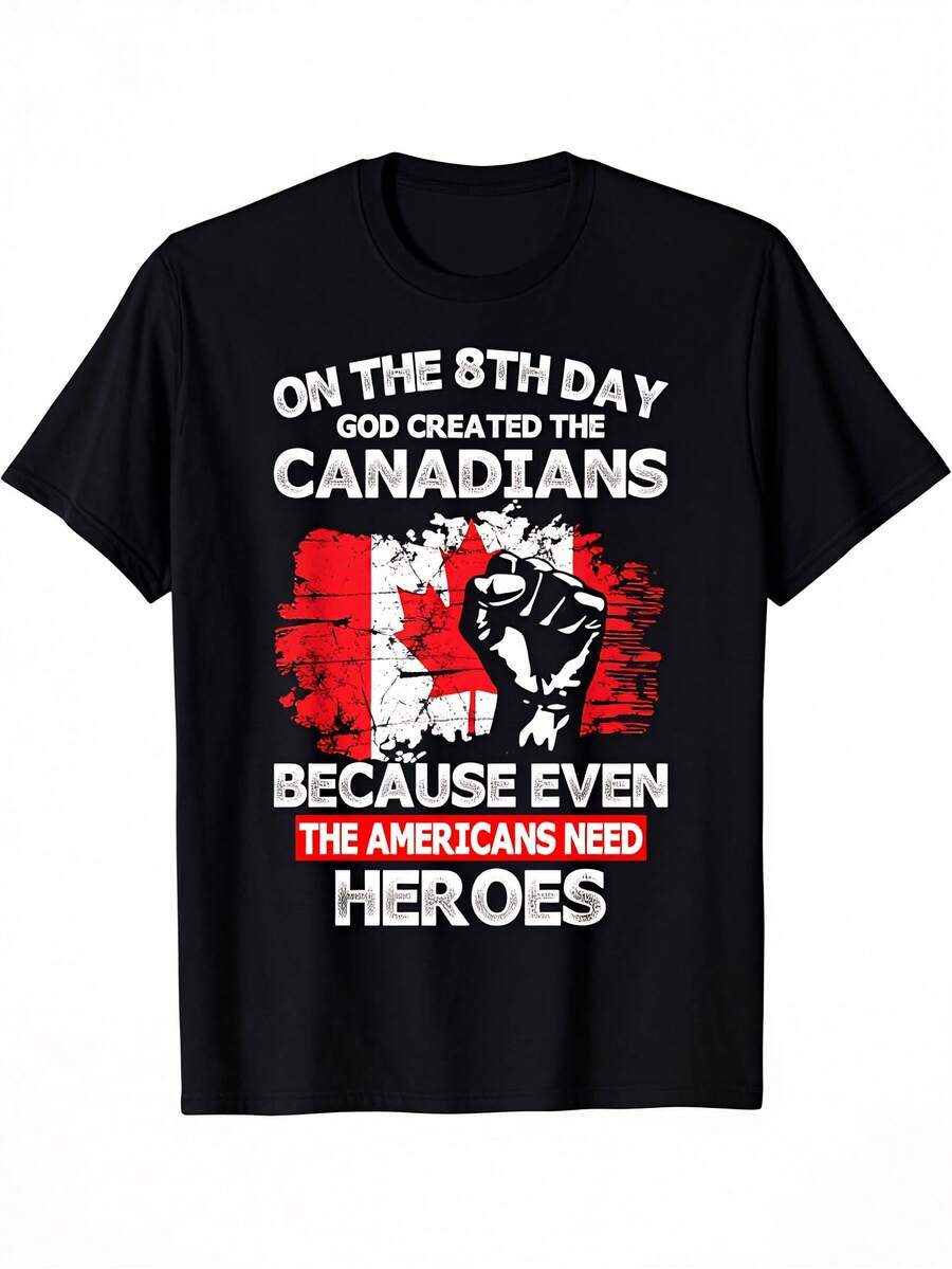 [Playful] Men's T-Shirt With Print "On The Eighth Day God Created The Canadians" – Black Cotton Casual T-Shirt With Canadian Flag Design, Short Sleeves, Crew Neck, Perfect For Casual Wear. |     Casual Style T-Shirt |     Comfortable Fit - Black - View 1