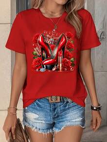 Camiseta de manga corta con cuello redondo para mujer, con estampado de rosas y tacones altos, estilo casual perfecto para primavera y verano. - Rojo - Ver 1