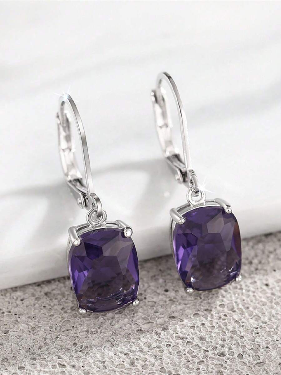 1 paire de boucles d'oreilles pendantes en zirconium cubique charmantes, conçues pour les femmes, convenant pour les mariages, les fiançailles, les fêtes d'anniversaire, les cadeaux de la Saint-Valentin - Prune - Voir 1