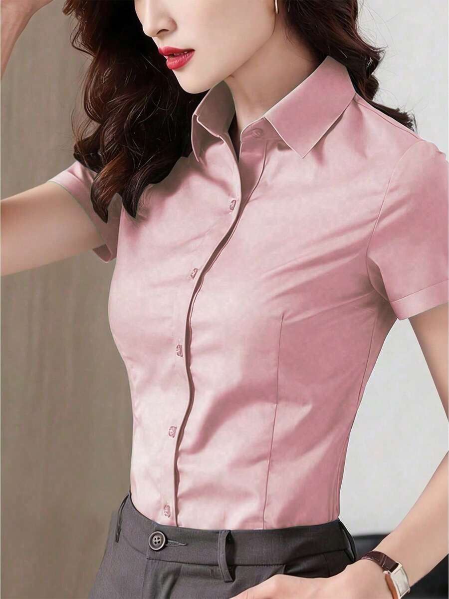 Blusa de manga corta rosa Primavera/Verano 2025, ropa de trabajo de oficina para mujeres, uniforme profesional de negocios - Rosa Pálido - Ver 1