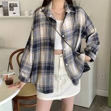Camisa de franela negra para mujer, camisa a cuadros de tartán abotonada con cuello de manga larga, chaqueta informal para adolescentes y niñas, traje diario - Color 9 - View 3