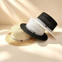 1pc M-Logo Women's Handmade Straw Hat, Outdoor Vacation Beach Sun Protection Bucket Hat - M-shaped Straw Hat - View 5